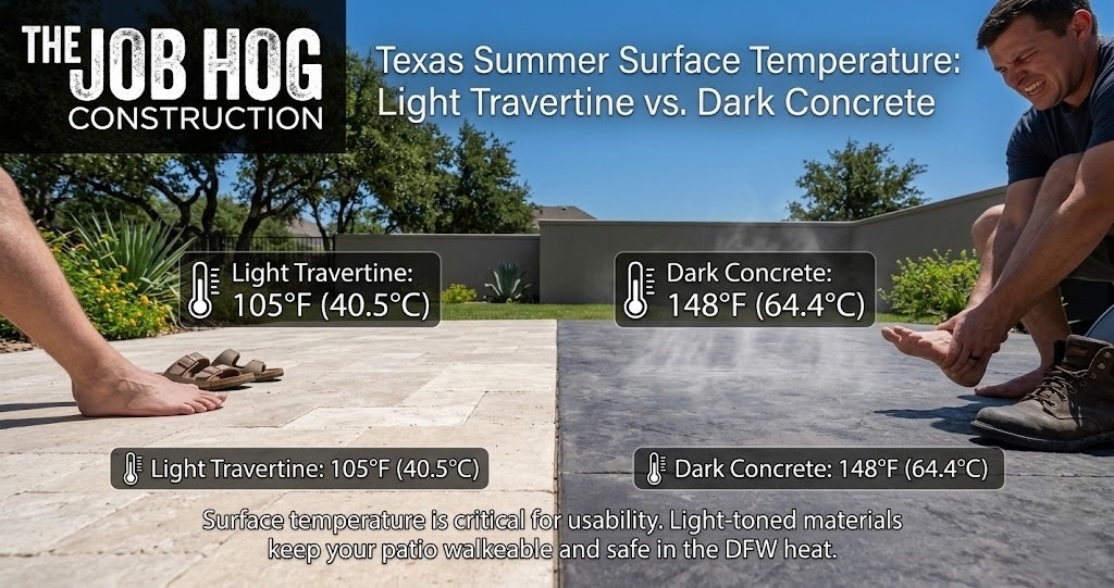 Comparison of patio surface temperatures in Texas heat travertine versus dark concrete in DFW North Texas