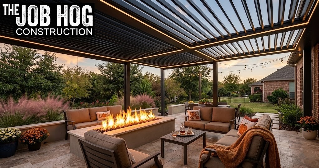 Patio with fire feature designed for year-round use in North Texas DFW area during fall evening