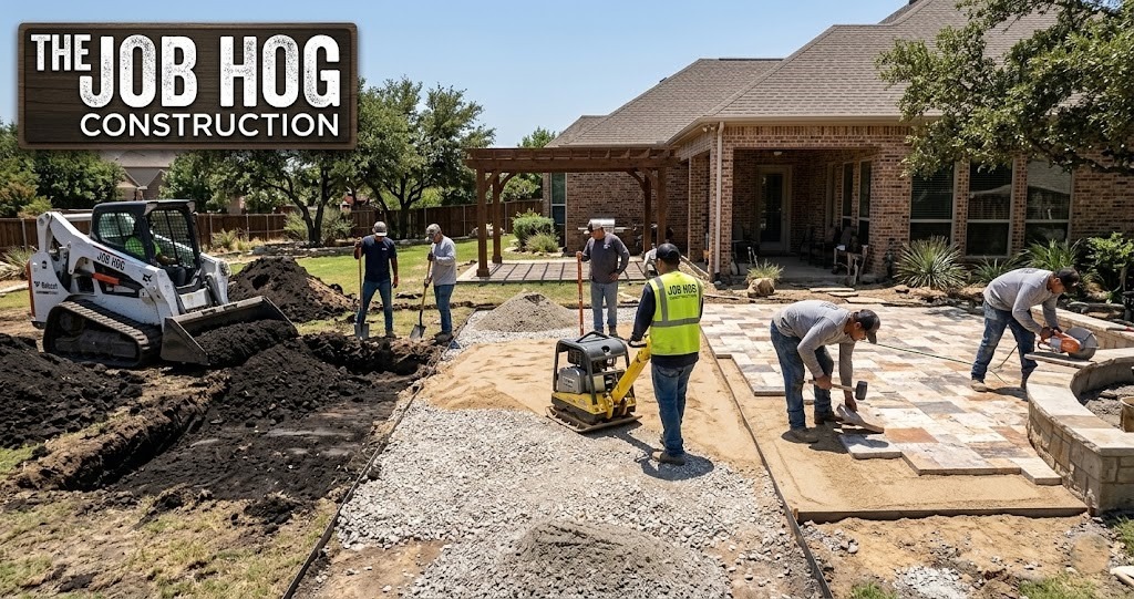 Patio installation timeline phases in North Texas DFW showing site prep base installation and paver laying