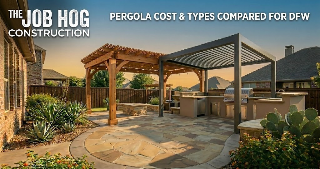 Pergola cost comparison showing wood pergola aluminum pergola and louvered pergola in Denton Dallas Texas