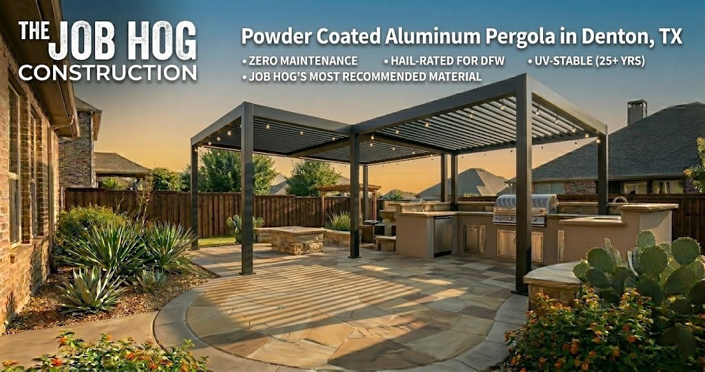 Powder coated aluminum pergola installed in Denton TX North Texas backyard with outdoor seating by The Job Hog