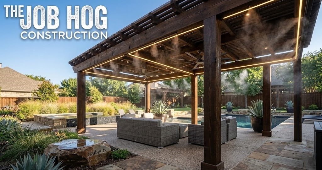 Pergola with wired ceiling fans integrated LED lighting and misting system in Dallas Texas outdoor living space