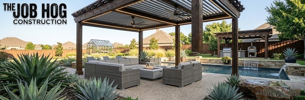Completed luxury louvered aluminum pergola outdoor living space in Denton Dallas Texas by The Job Hog Construction