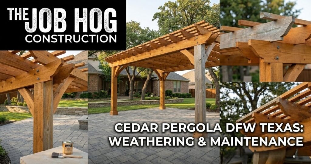 Wood cedar pergola in DFW Texas showing weathering effects after several years in North Texas climate