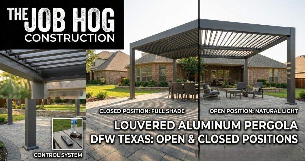 Louvered aluminum pergola in DFW Texas showing open and closed roof positions for sun and rain control