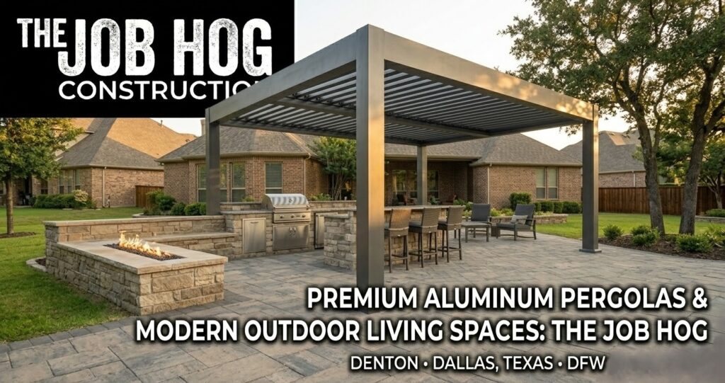 Premium aluminum pergola outdoor living space in Denton Dallas Texas installed by The Job Hog Construction
