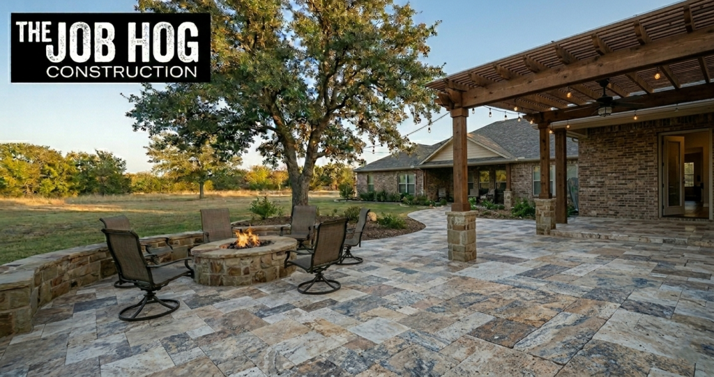 Custom travertine paver patio installation in Dallas Fort Worth Texas by The Job Hog Construction