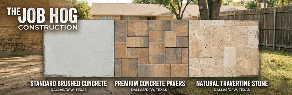 Side by side comparison of concrete patio pavers and natural stone patio materials in Dallas Fort Worth Texas"