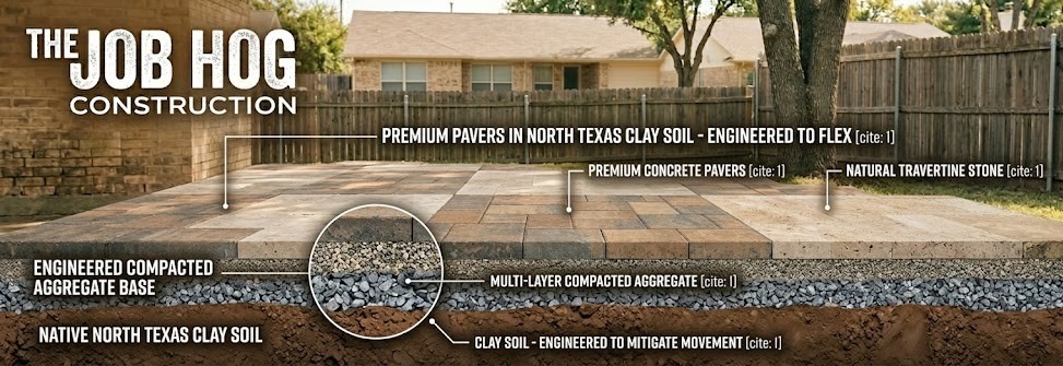Premium paver patio installation in DFW North Texas with travertine and concrete pavers by The Job Hog Construction