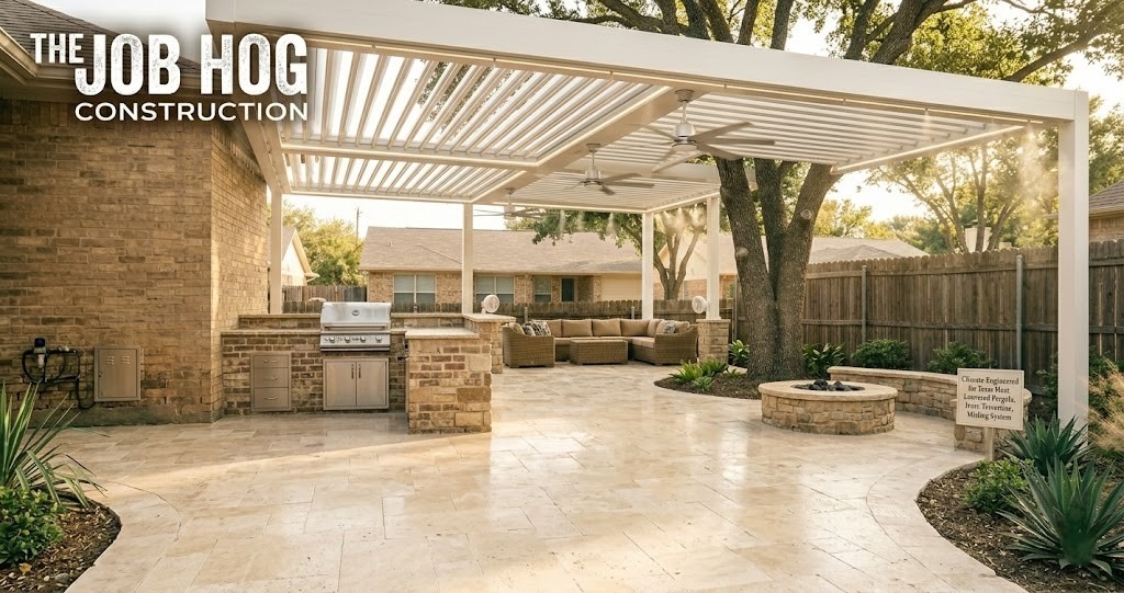 Best patio design for Texas heat with louvered pergola and travertine pavers in Dallas Fort Worth DFW area