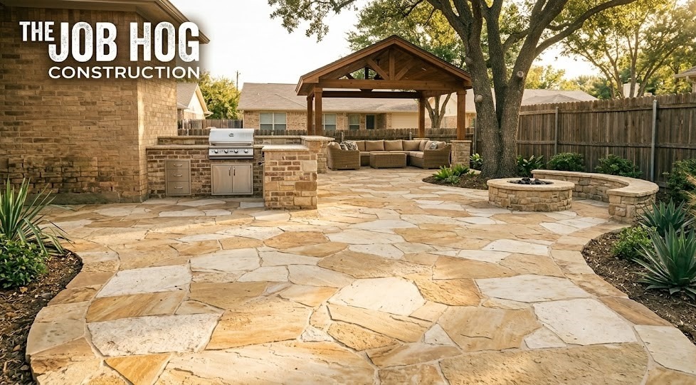 Natural limestone flagstone patio luxury outdoor living space near Fort Worth Texas built by The Job Hog