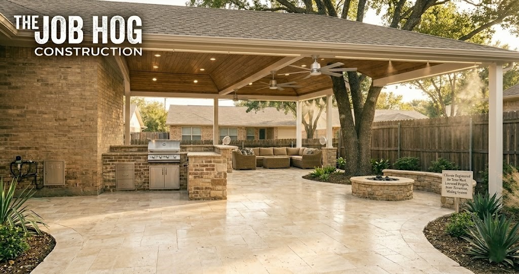 Covered patio design with engineered shade structure and ceiling fans for Dallas Texas summer heat