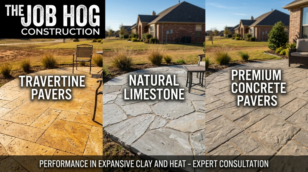 Different patio material options for Dallas Texas homes showing travertine limestone and concrete pavers