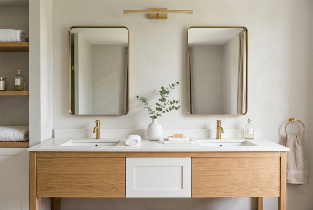 Clean-lined double vanity with a quartz top in a timeless bathroom