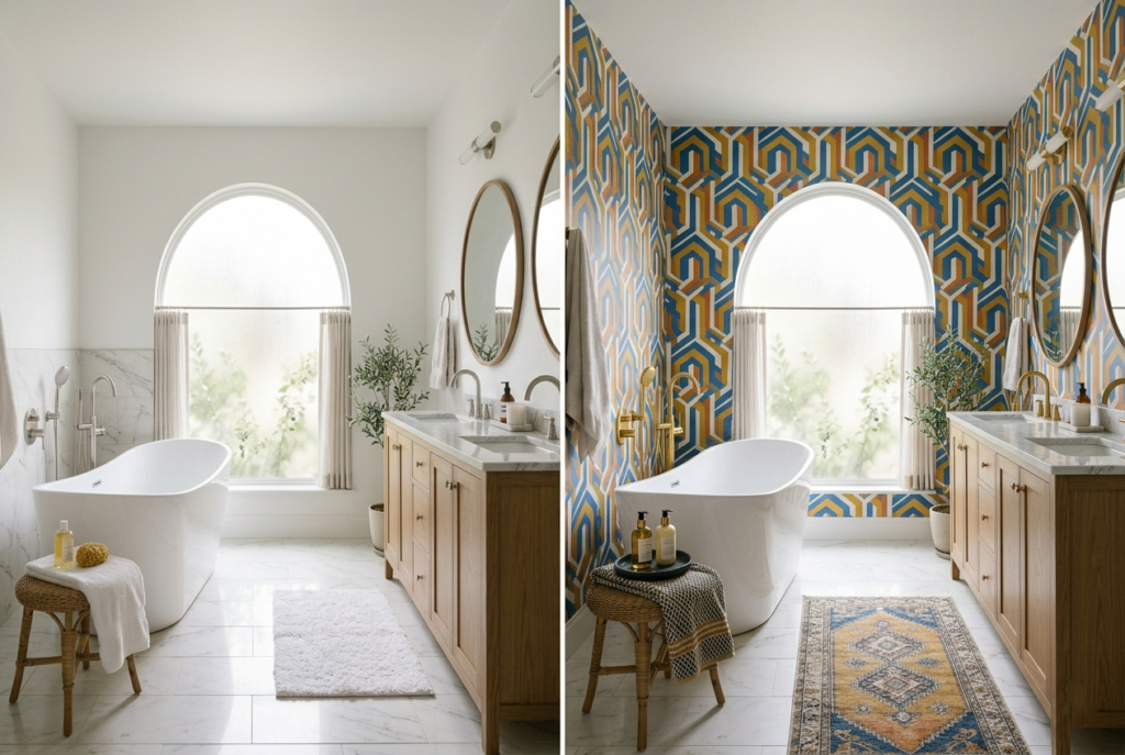 Comparison of a timeless neutral bathroom versus a trend-driven dated bathroom.
