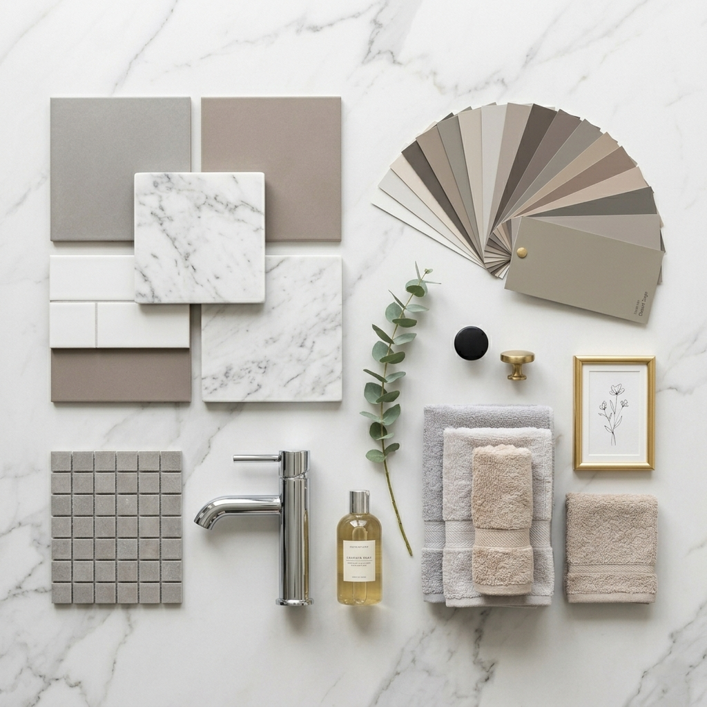 Flat-lay showing permanent bathroom materials versus swappable decor layers
