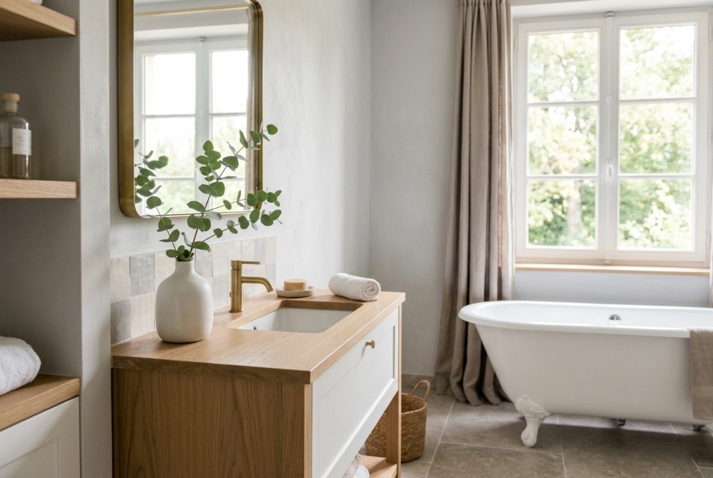 Neutral bathroom color palette in white, taupe, and warm gray