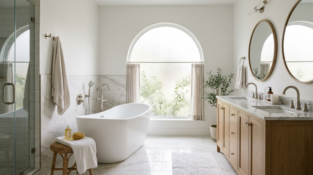 Timeless bathroom with freestanding tub, marble-look tile, and a neutral palette