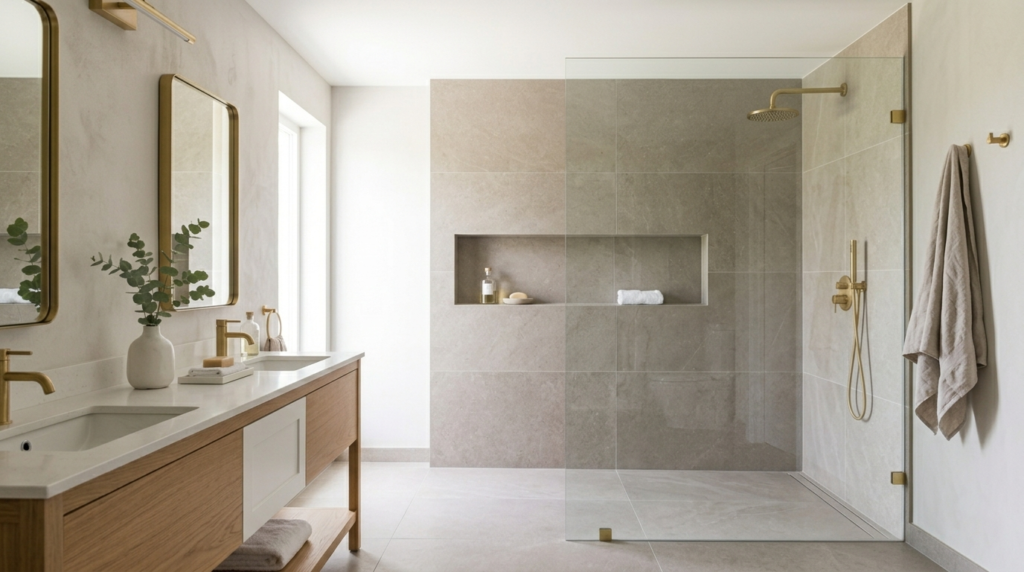 Walk-in shower with frameless glass and a recessed niche in a timeless layout